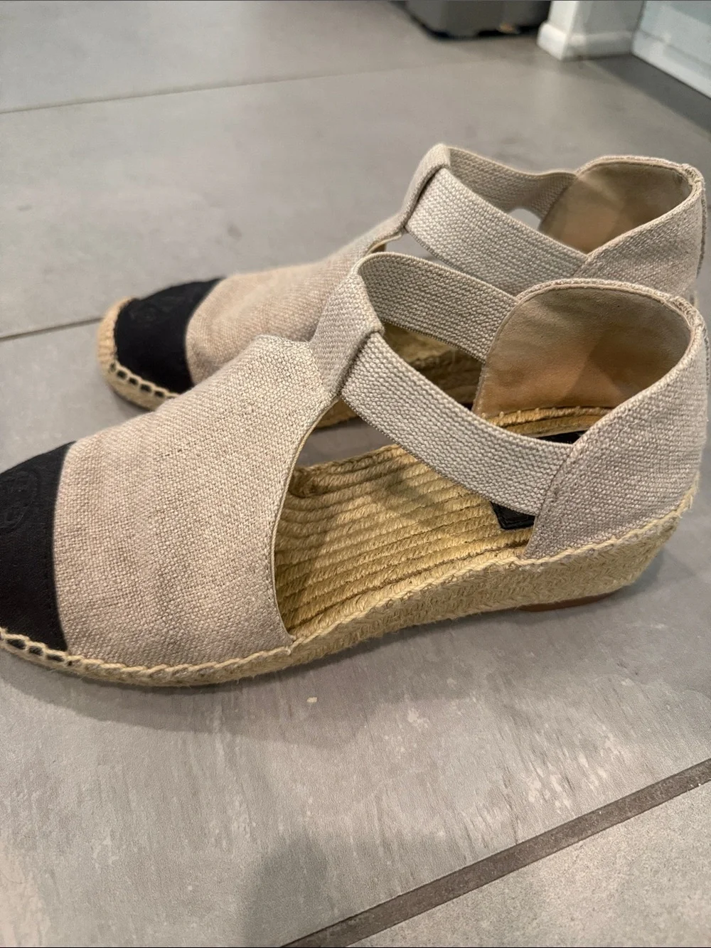 Tory Burch Beige Canvas Espadrille with Black Toe Cap and Jute Sole